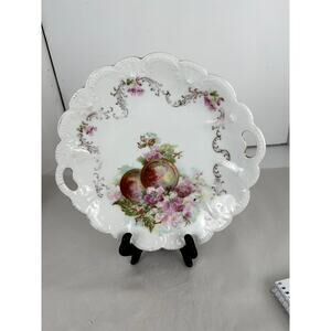 Serving Dish Bavarian Style Fruit Floral Handles Silver Gold Trim 10 Ins.